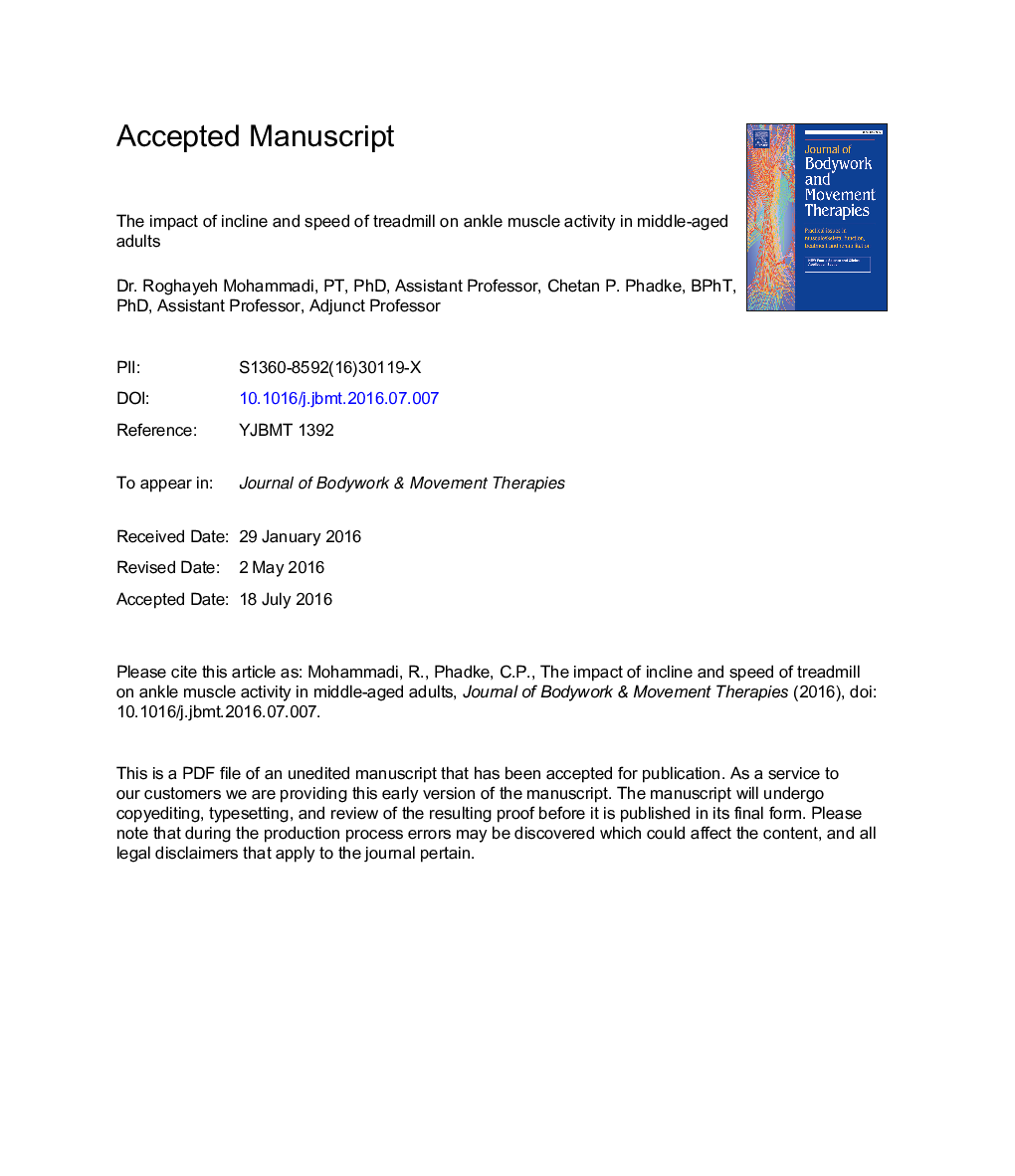 The impact of incline and speed of treadmill on ankle muscle activity in middle-aged adults