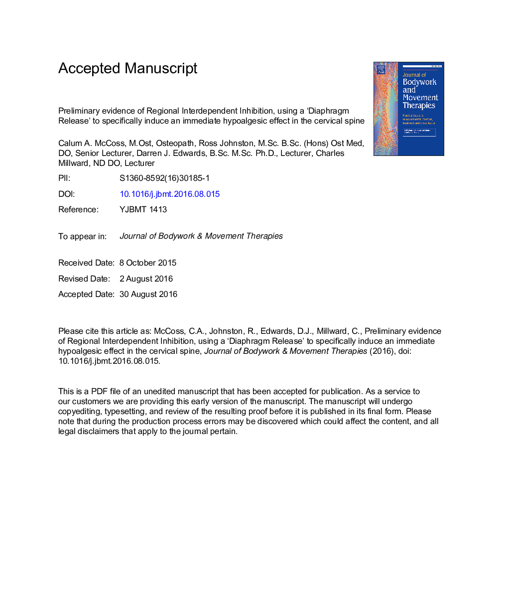 Preliminary evidence of Regional Interdependent Inhibition, using a 'Diaphragm Release' to specifically induce an immediate hypoalgesic effect in the cervical spine