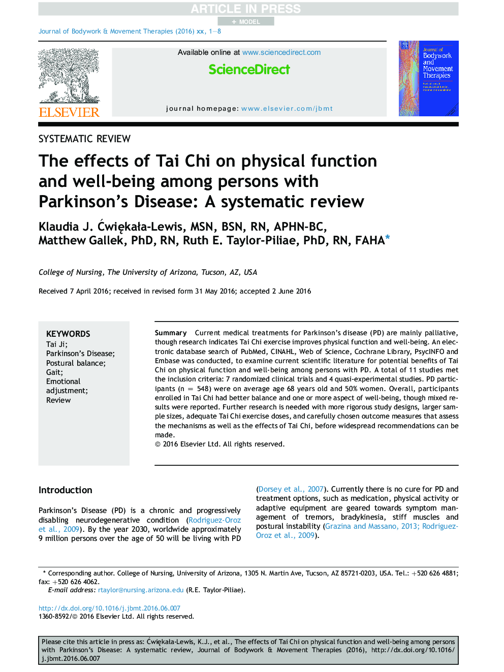 تأثیر تای چی بر عملکرد فیزیکی و رفاه در افراد مبتلا به بیماری پارکینسون: بررسی سیستماتیک 