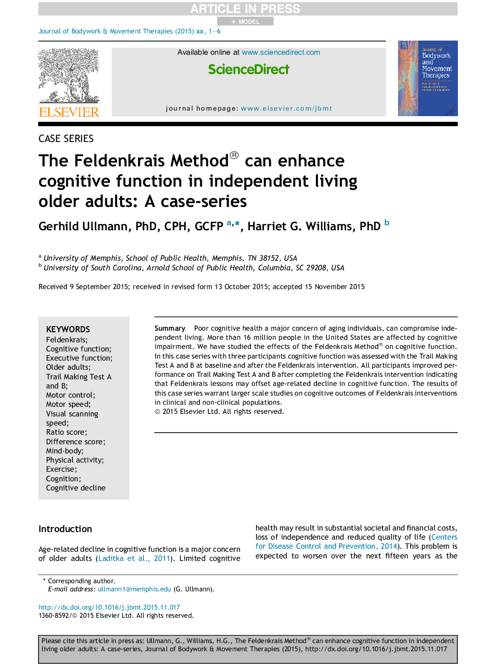 The Feldenkrais Method® can enhance cognitive function in independent living older adults: A case-series