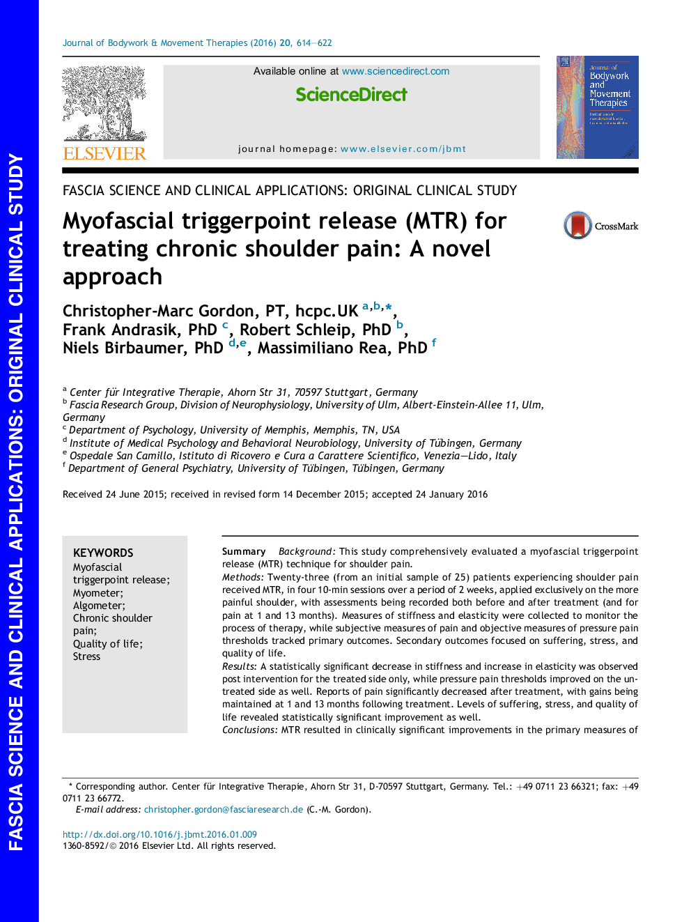 Myofascial triggerpoint release (MTR) for treating chronic shoulder pain: A novel approach