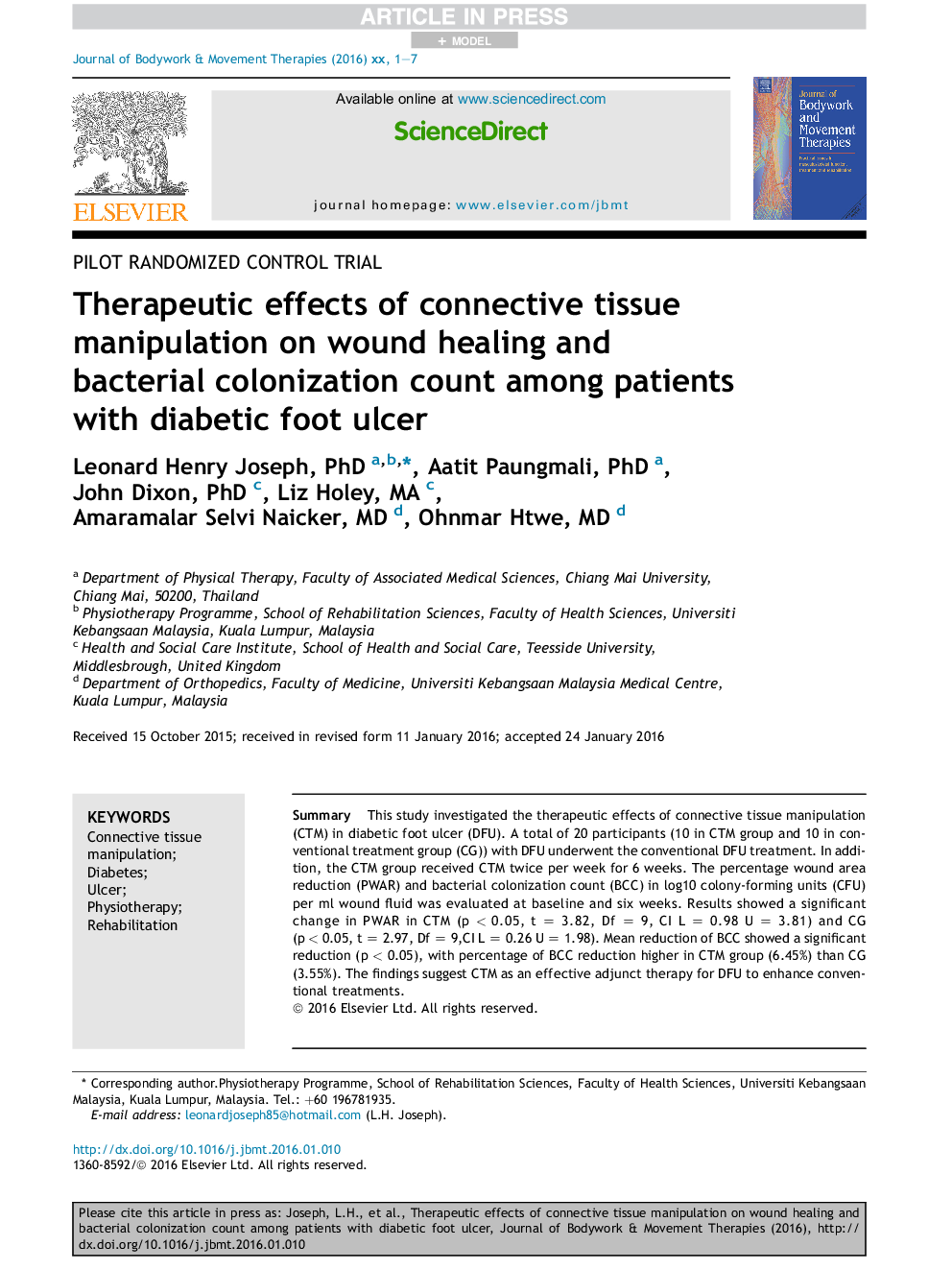 Therapeutic effects of connective tissue manipulation on wound healing and bacterial colonization count among patients with diabetic foot ulcer