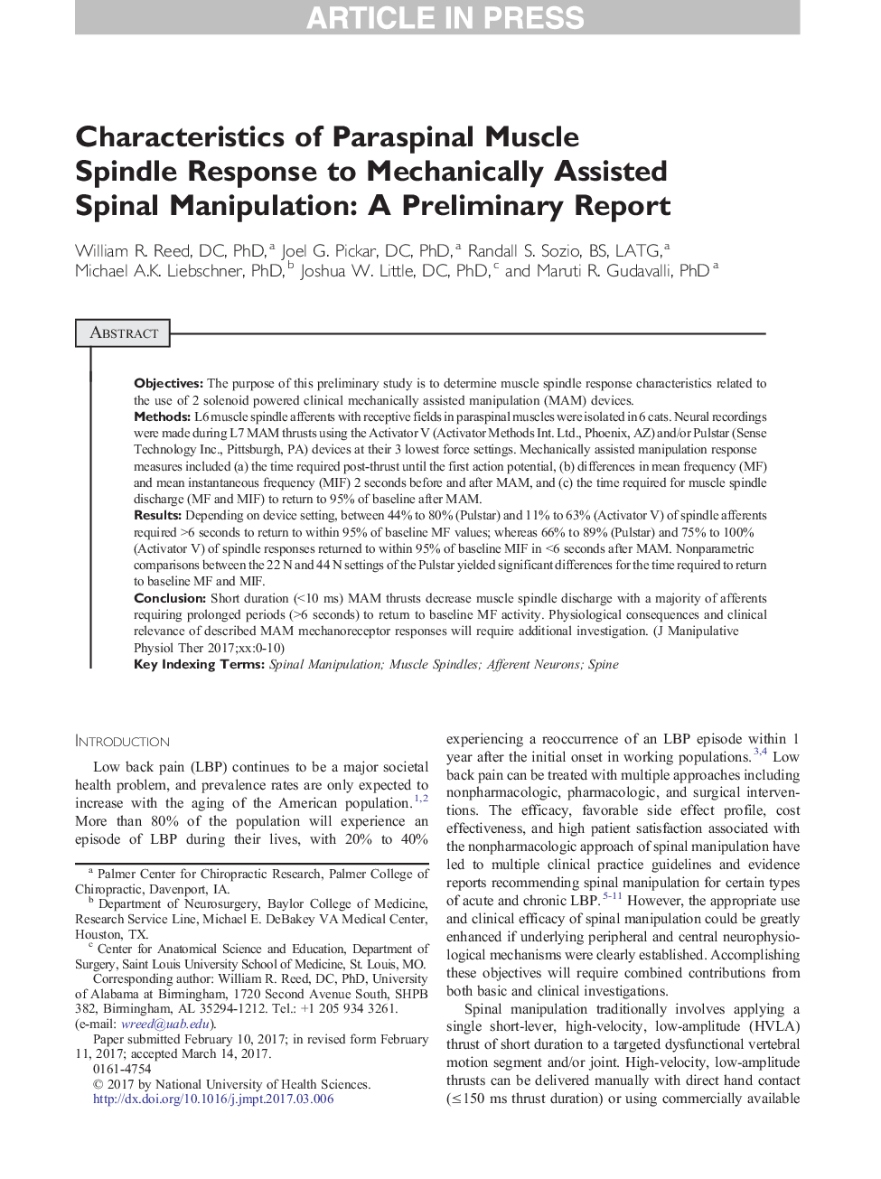 Characteristics of Paraspinal Muscle Spindle Response to Mechanically Assisted Spinal Manipulation: A Preliminary Report