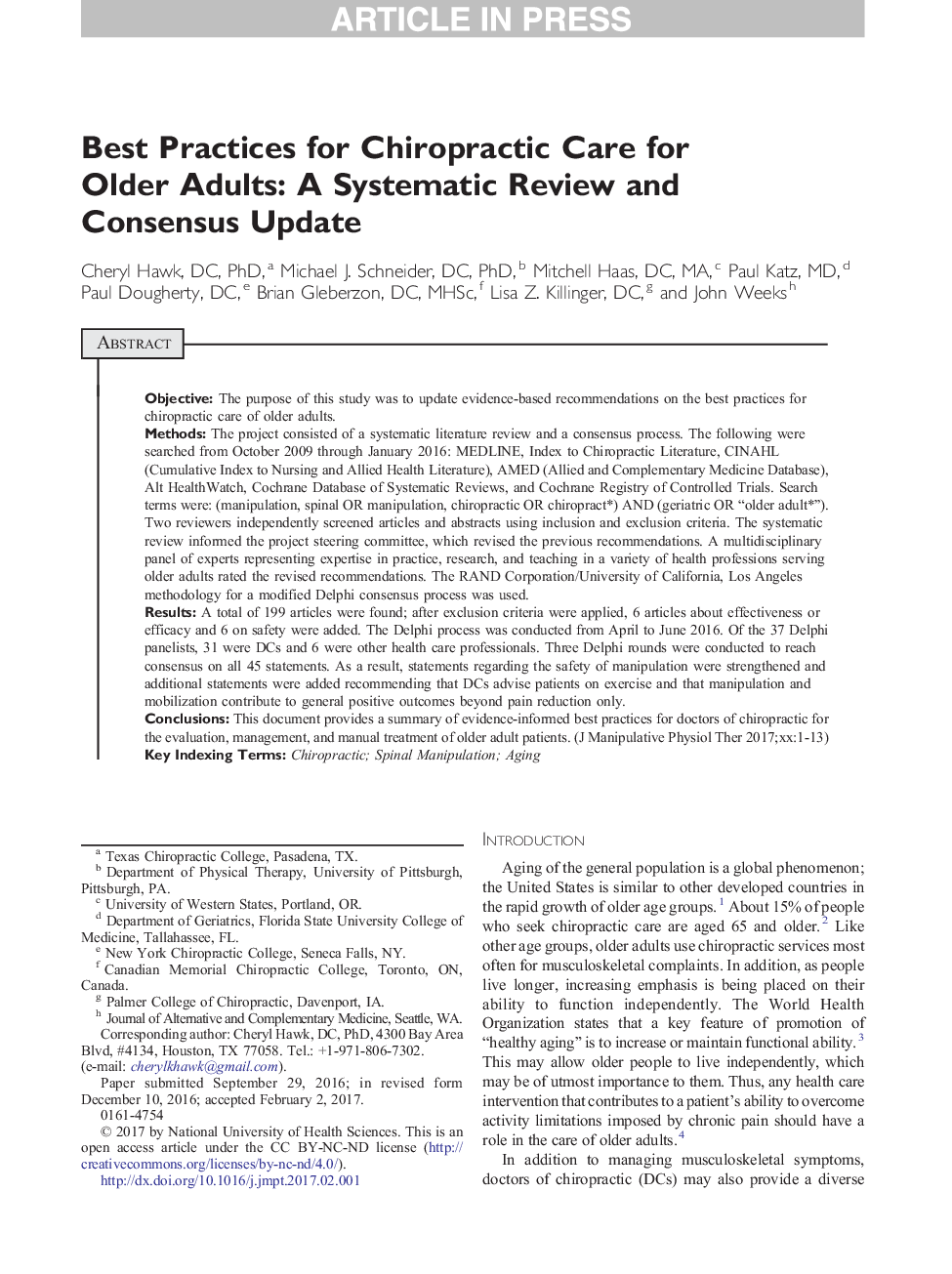 Best Practices for Chiropractic Care for Older Adults: A Systematic Review and Consensus Update