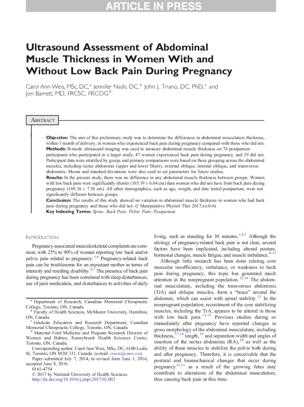 Ultrasound Assessment of Abdominal Muscle Thickness in Women With and Without Low Back Pain During Pregnancy