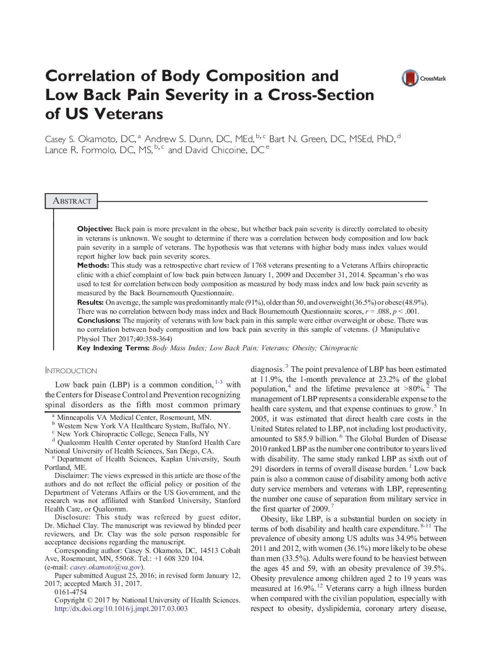 Correlation of Body Composition and Low Back Pain Severity in a Cross-Section of US Veterans