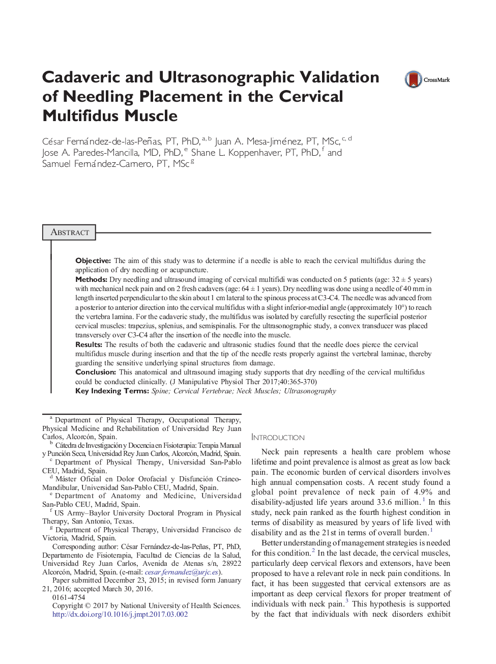 Cadaveric and Ultrasonographic Validation of Needling Placement in the Cervical Multifidus Muscle