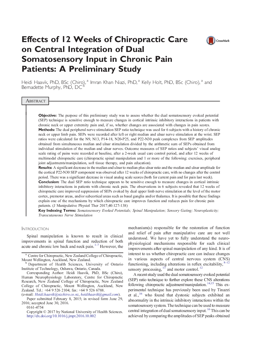 Effects of 12 Weeks of Chiropractic Care on Central Integration of Dual Somatosensory Input in Chronic Pain Patients: A Preliminary Study