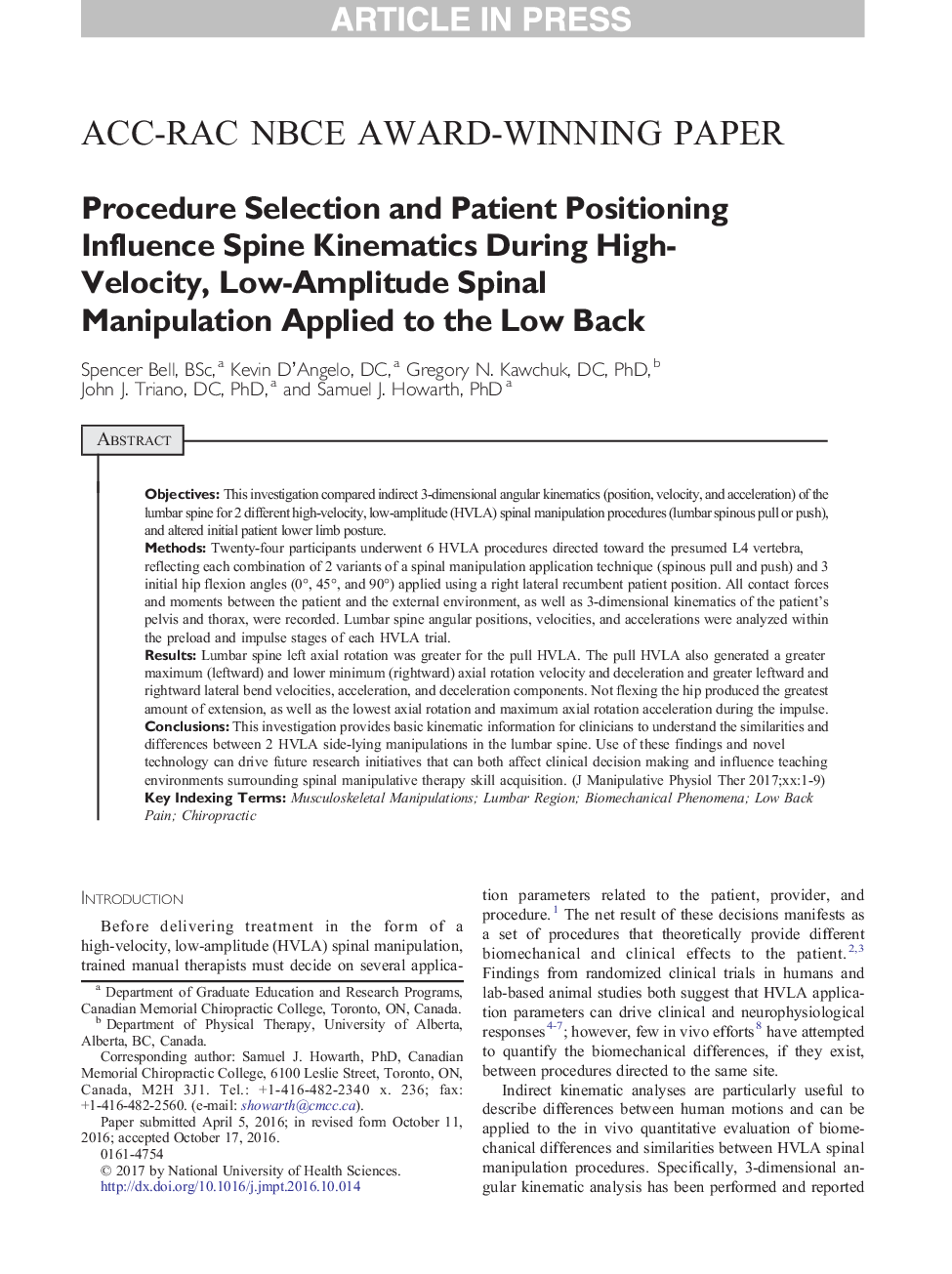 Procedure Selection and Patient Positioning Influence Spine Kinematics During High-Velocity, Low-Amplitude Spinal Manipulation Applied to the Low Back