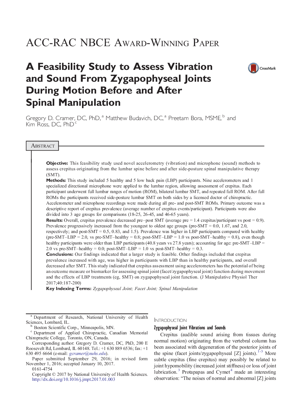 A Feasibility Study to Assess Vibration and Sound From Zygapophyseal Joints During Motion Before and After Spinal Manipulation