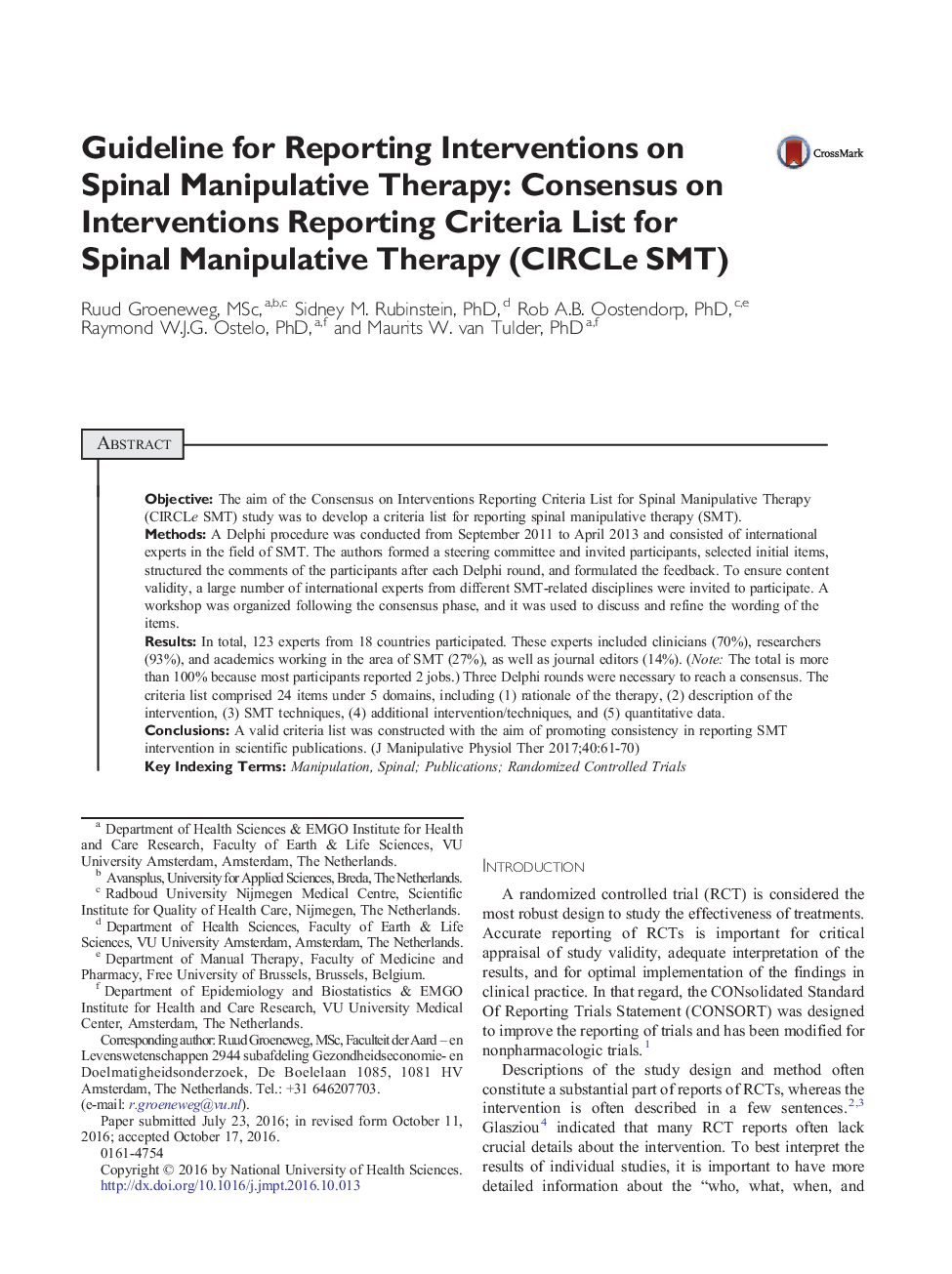 Guideline for Reporting Interventions on Spinal Manipulative Therapy: Consensus on Interventions Reporting Criteria List for Spinal Manipulative Therapy (CIRCLe SMT)