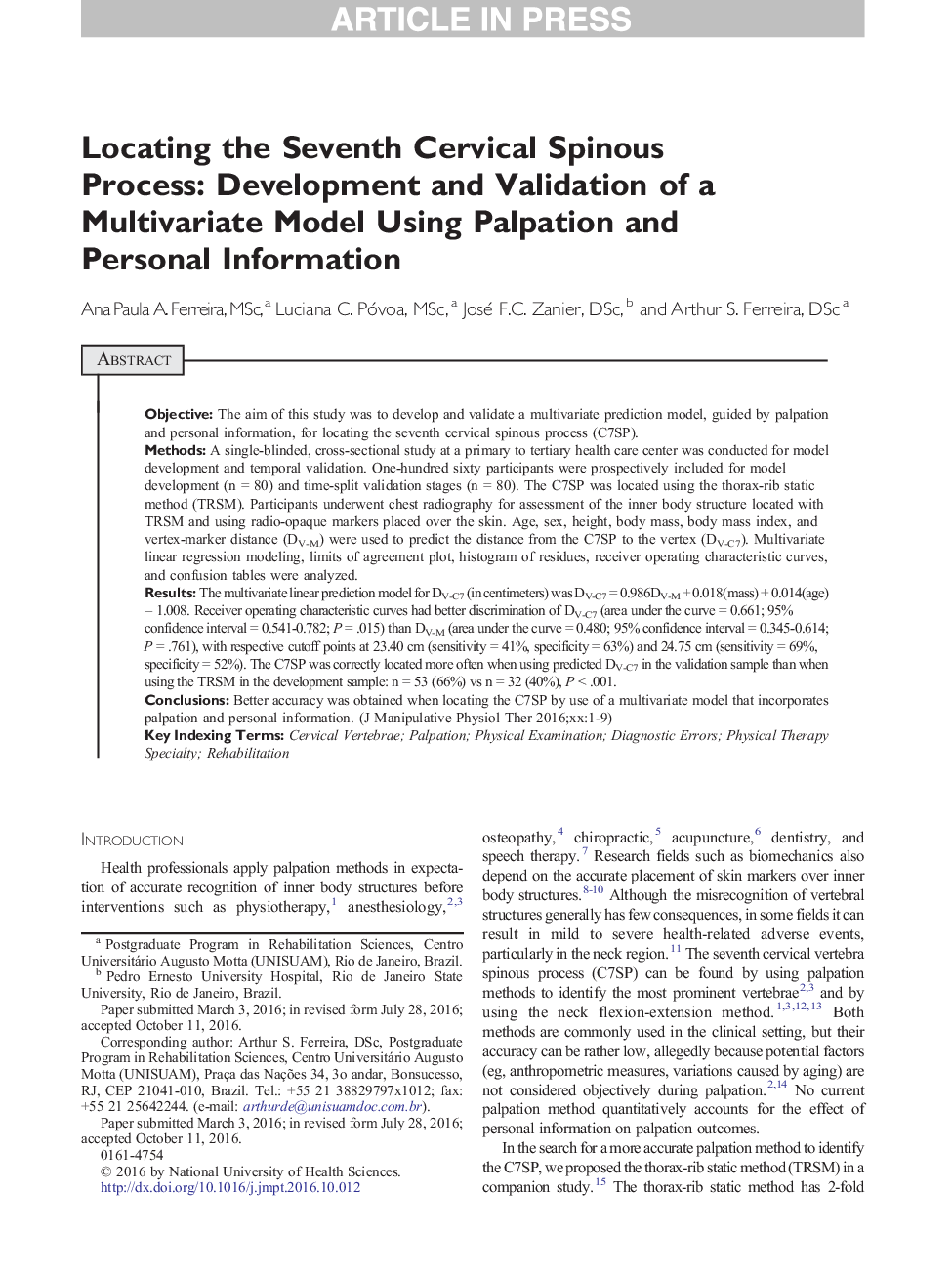 Locating the Seventh Cervical Spinous Process: Development and Validation of a Multivariate Model Using Palpation and Personal Information