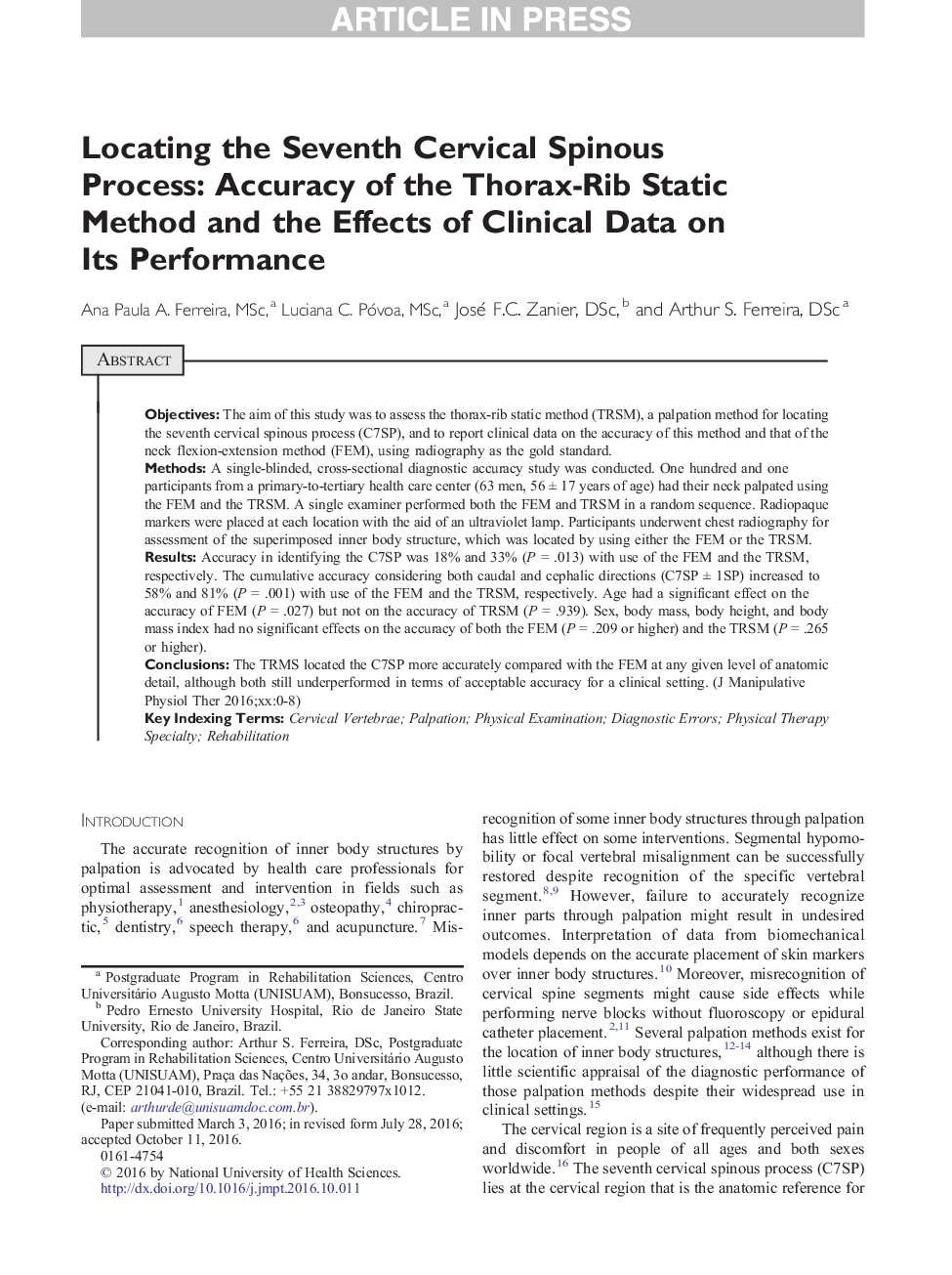 Locating the Seventh Cervical Spinous Process: Accuracy of the Thorax-Rib Static Method and the Effects of Clinical Data on Its Performance