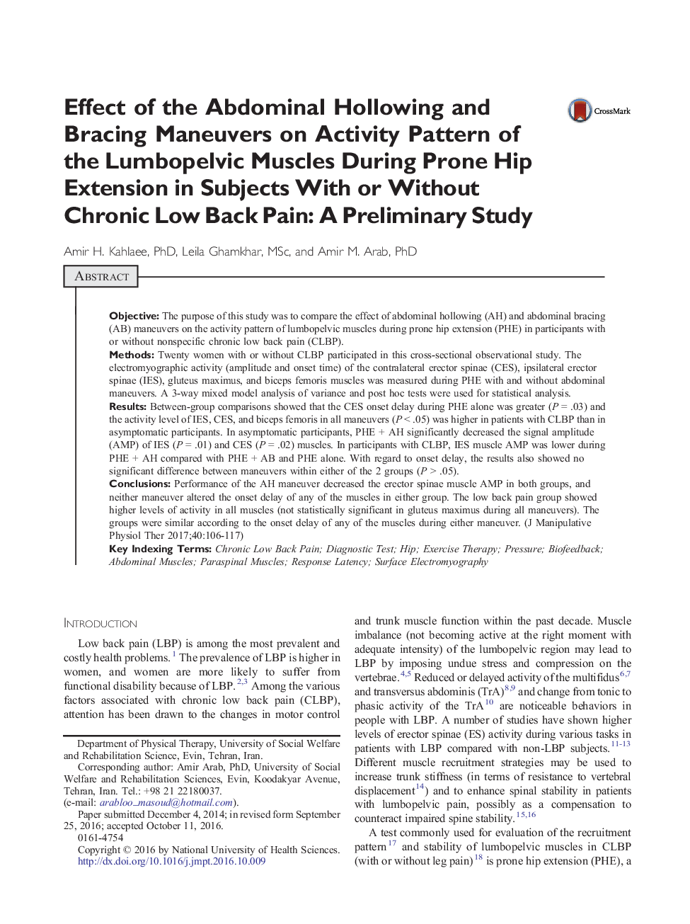 Effect of the Abdominal Hollowing and Bracing Maneuvers on Activity Pattern of the Lumbopelvic Muscles During Prone Hip Extension in Subjects With or Without Chronic Low Back Pain: A Preliminary Study