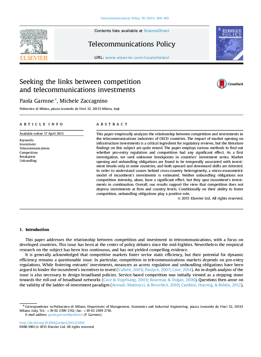 Seeking the links between competition and telecommunications investments