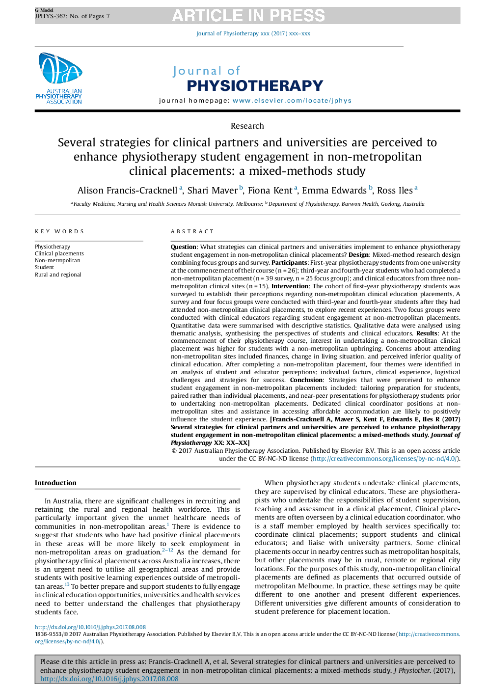 Several strategies for clinical partners and universities are perceived to enhance physiotherapy student engagement in non-metropolitan clinical placements: a mixed-methods study