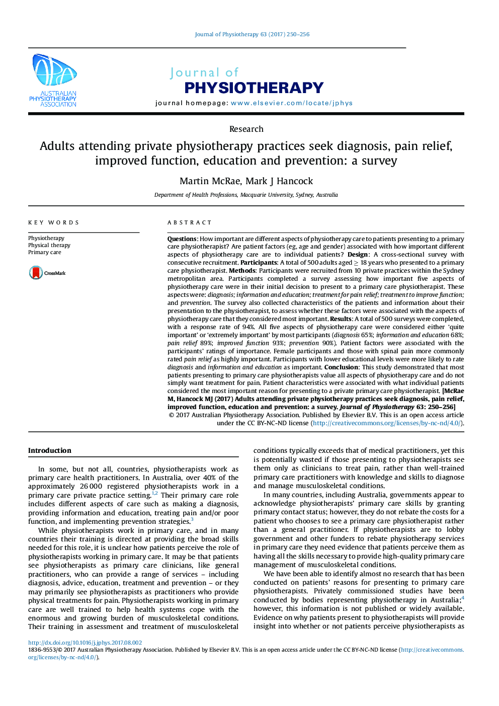 Adults attending private physiotherapy practices seek diagnosis, pain relief, improved function, education and prevention: a survey