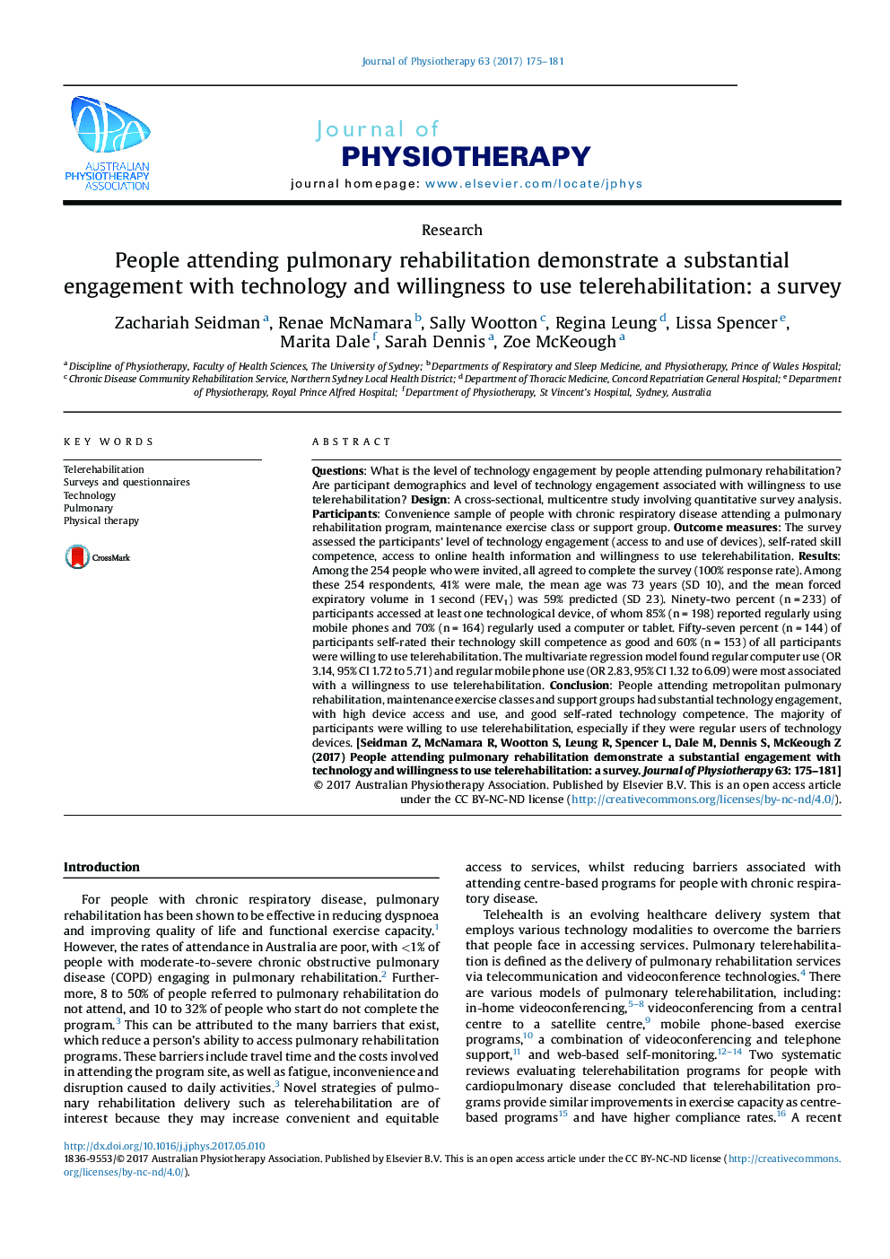 People attending pulmonary rehabilitation demonstrate a substantial engagement with technology and willingness to use telerehabilitation: a survey