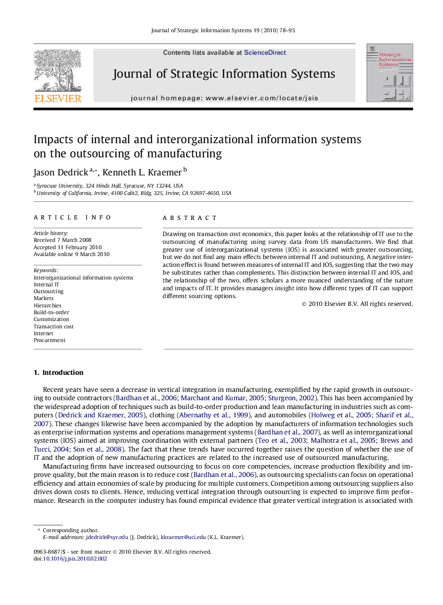 Impacts of internal and interorganizational information systems on the outsourcing of manufacturing