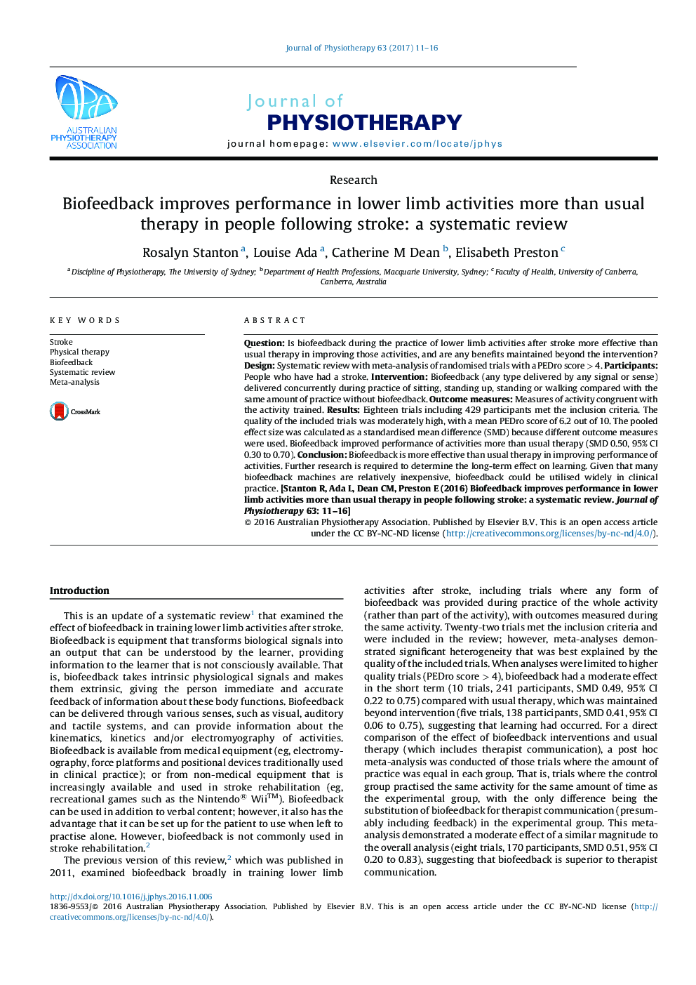 Biofeedback improves performance in lower limb activities more than usual therapy in people following stroke: a systematic review