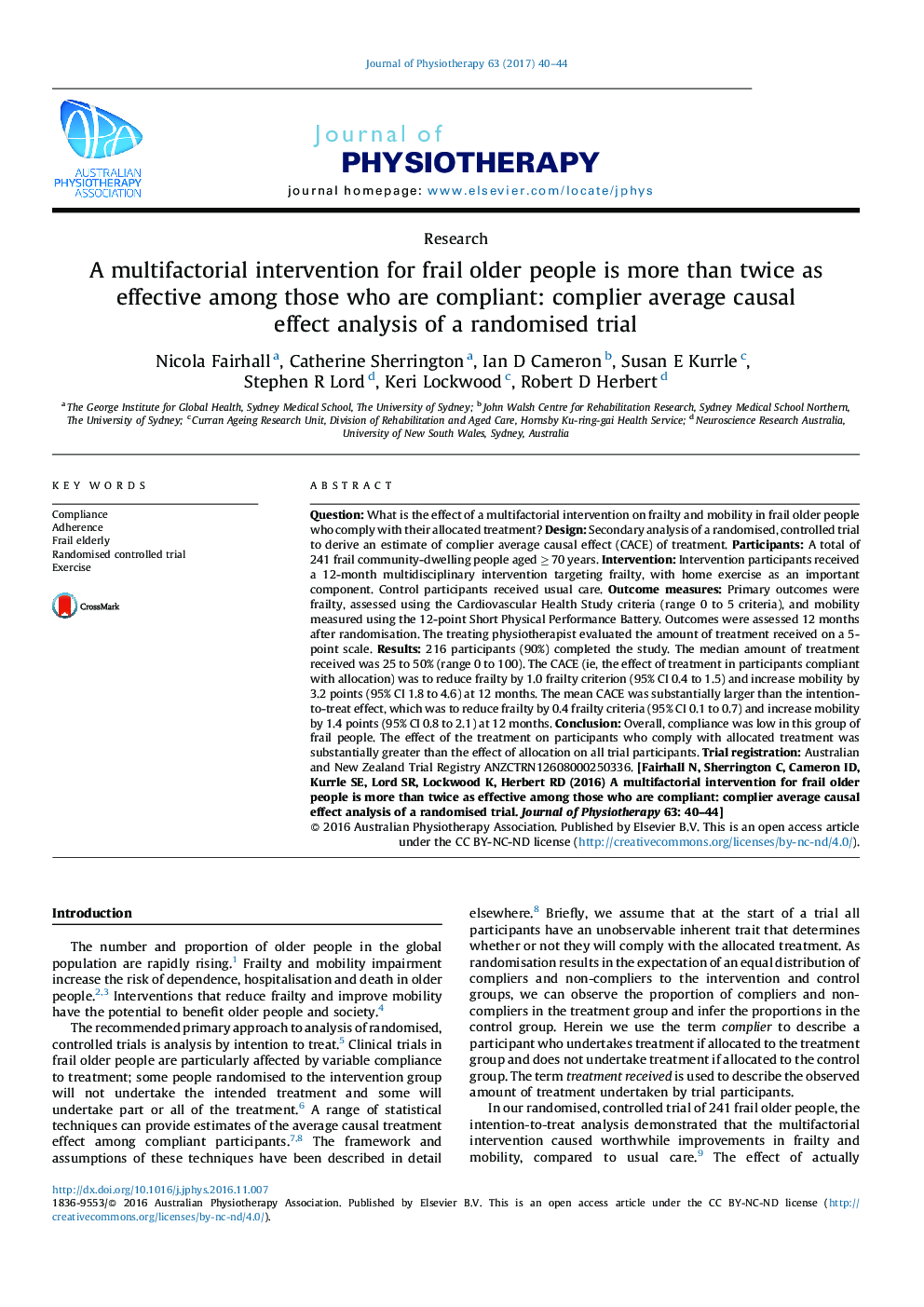 A multifactorial intervention for frail older people is more than twice as effective among those who are compliant: complier average causal effect analysis of a randomised trial