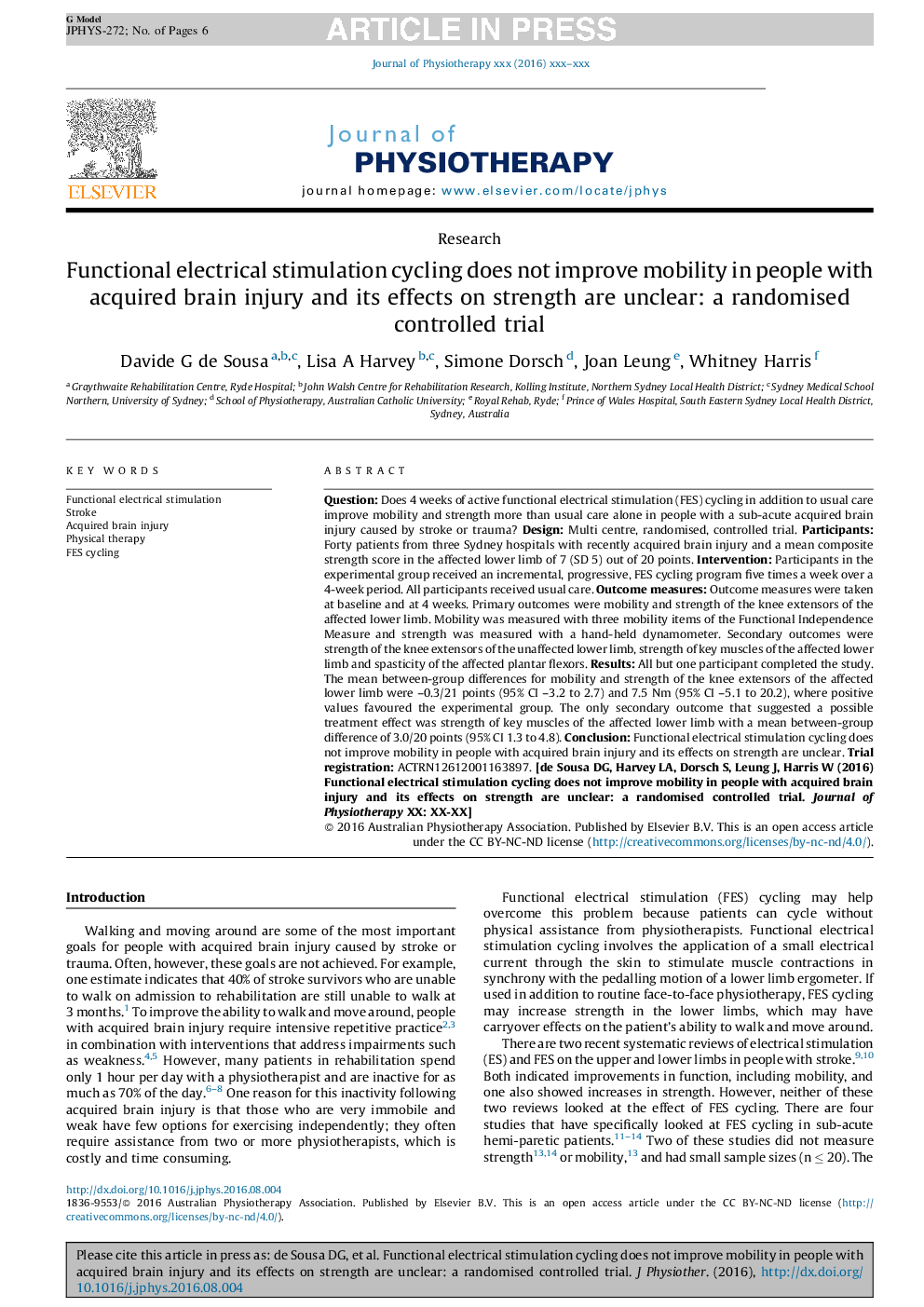 Functional electrical stimulation cycling does not improve mobility in people with acquired brain injury and its effects on strength are unclear: a randomised trial