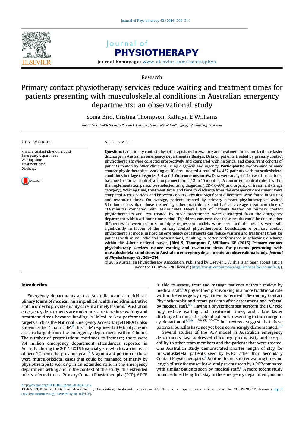 Primary contact physiotherapy services reduce waiting and treatment times for patients presenting with musculoskeletal conditions in Australian emergency departments: an observational study