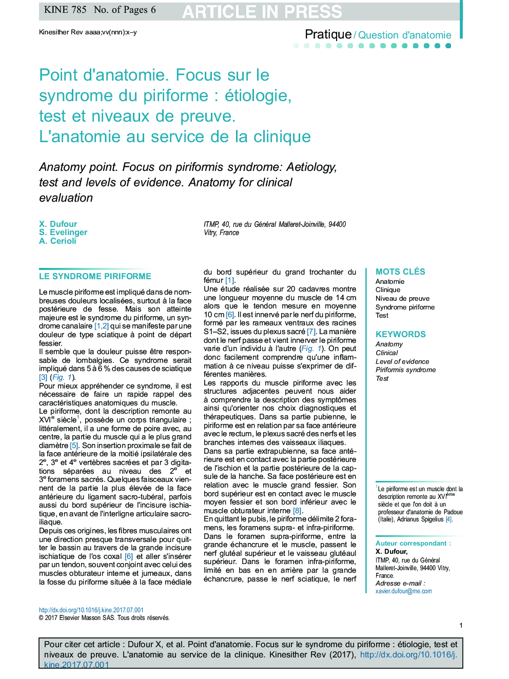 Point d'anatomie. Focus sur le syndrome du piriformeÂ : étiologie, test et niveaux de preuve. L'anatomie au service de la clinique