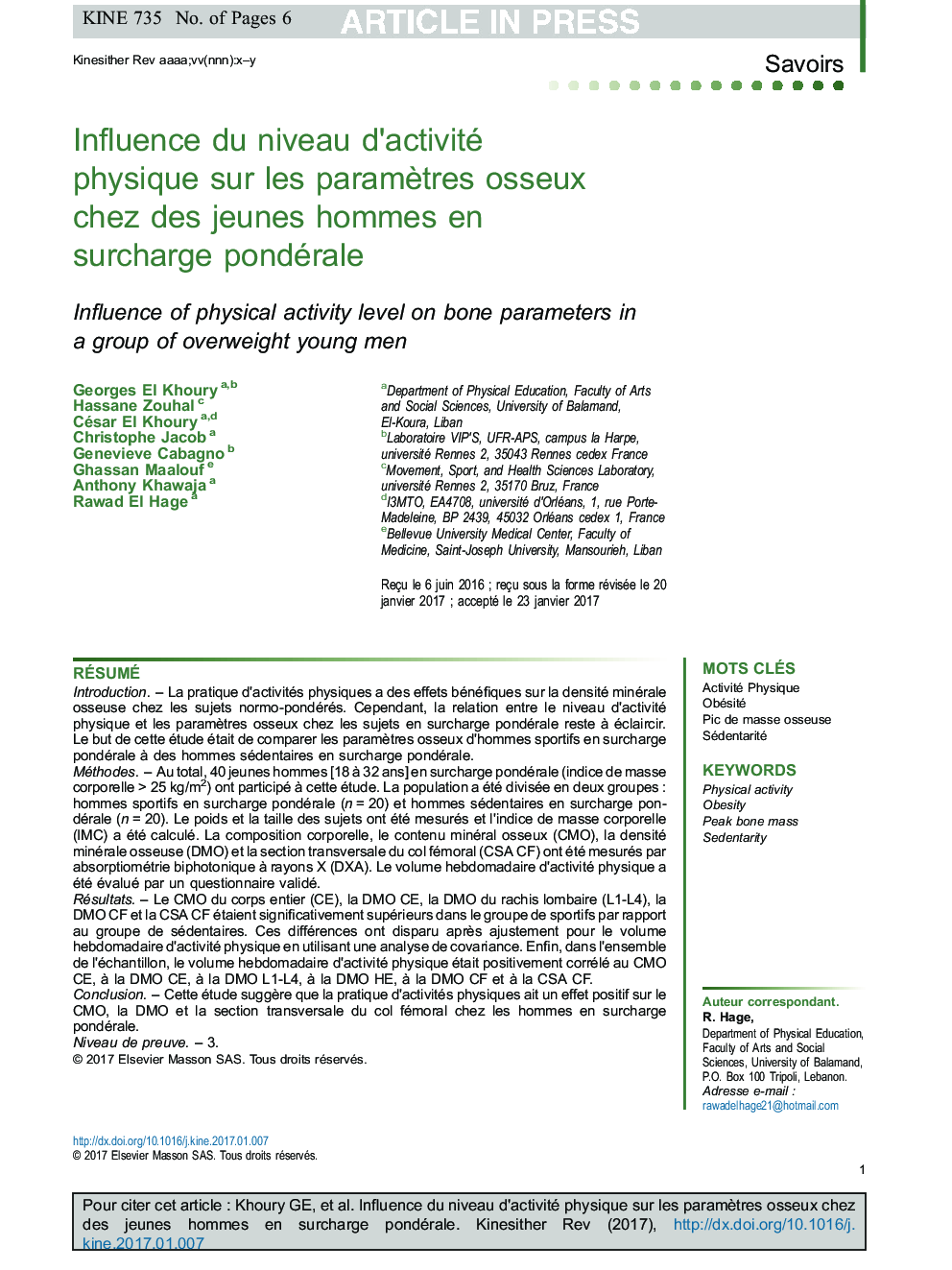 Influence du niveau d'activité physique sur les paramÃ¨tres osseux chez des jeunes hommes en surcharge pondérale