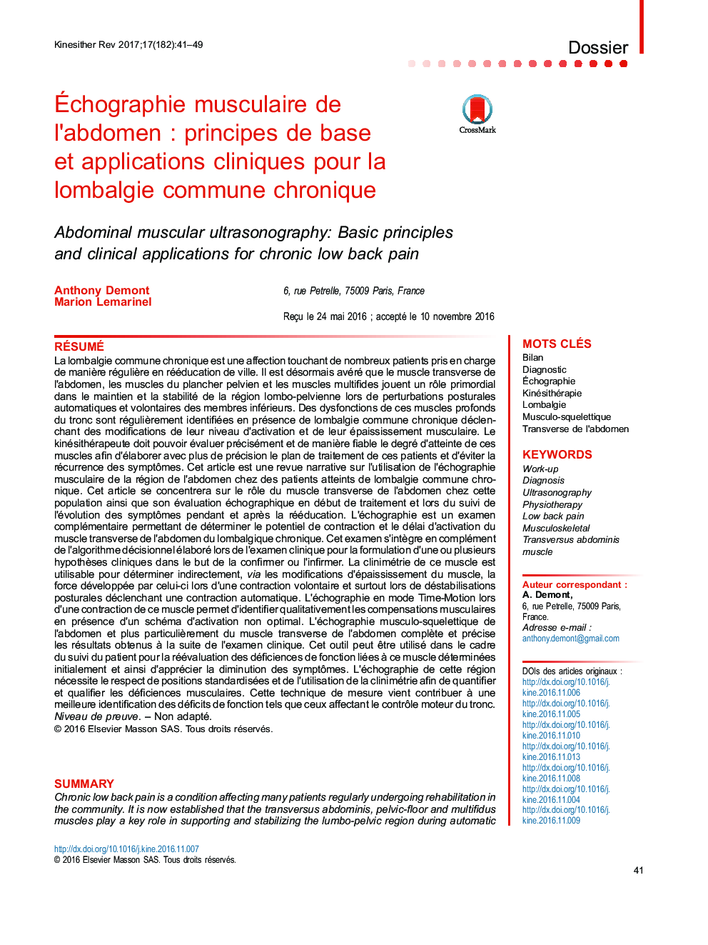 Ãchographie musculaire de l'abdomenÂ : principes de base et applications cliniques pour la lombalgie commune chronique