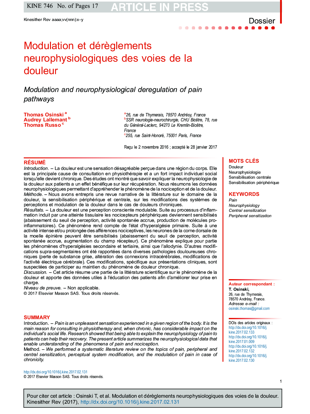 Modulation et dérÃ¨glements neurophysiologiques des voies de la douleur