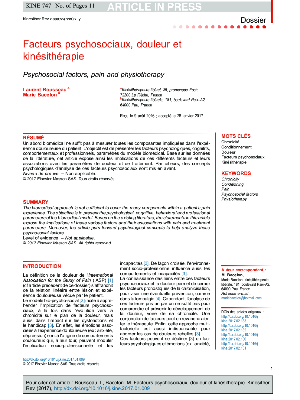 Facteurs psychosociaux, douleur et kinésithérapie