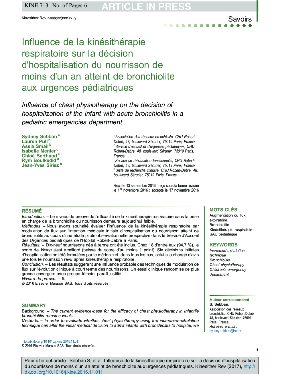 Influence de la kinésithérapie respiratoire sur la décision d'hospitalisation du nourrisson de moins d'un an atteint de bronchiolite aux urgences pédiatriques