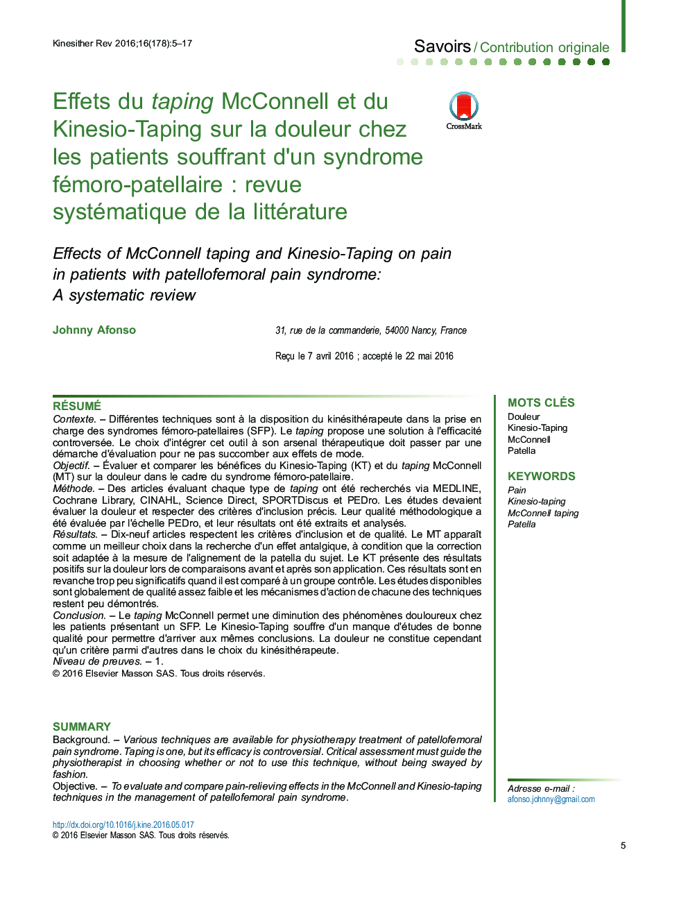 Effets du taping McConnell et du Kinesio-Taping sur la douleur chez les patients souffrant d'un syndrome fémoro-patellaireÂ : revue systématique de la littérature