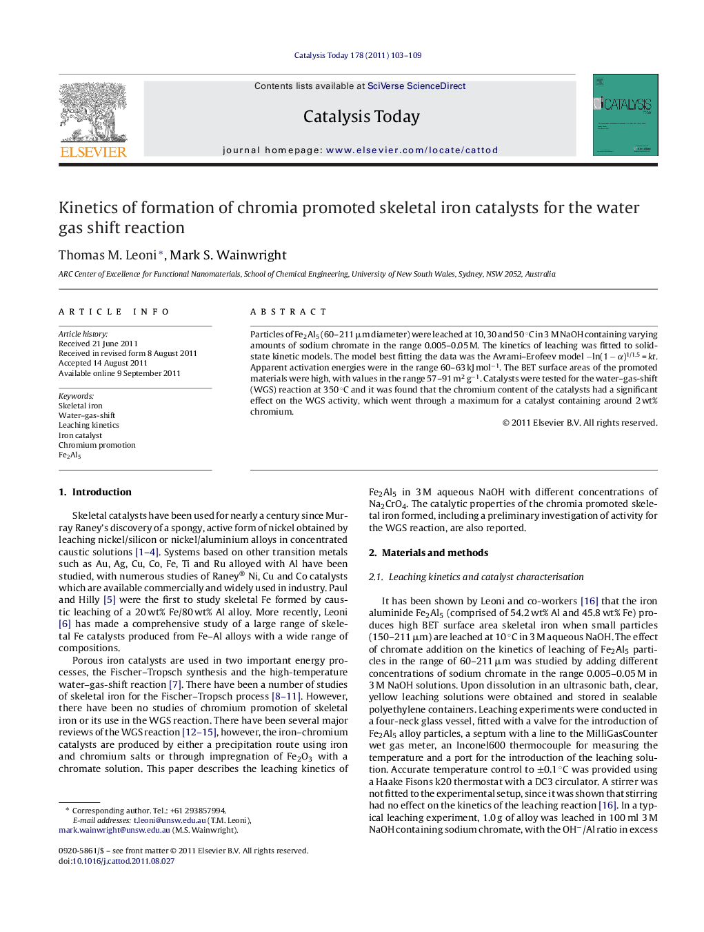 Kinetics of formation of chromia promoted skeletal iron catalysts for the water gas shift reaction