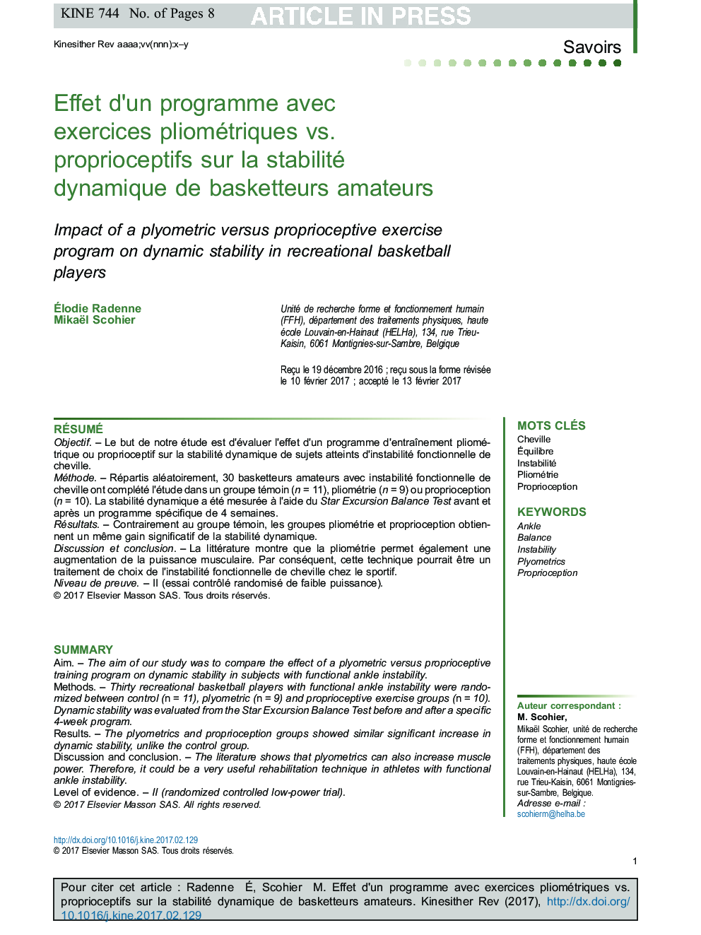 Effet d'un programme avec exercices pliométriques vs. proprioceptifs sur la stabilité dynamique de basketteurs amateurs