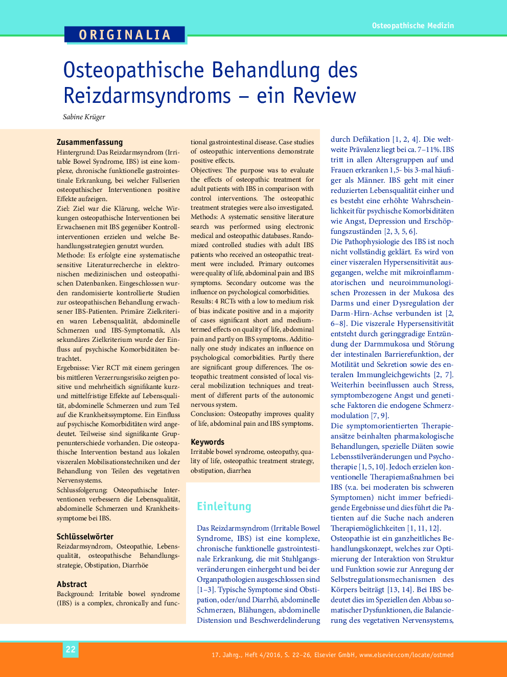 Osteopathische Behandlung des Reizdarmsyndroms - ein Review