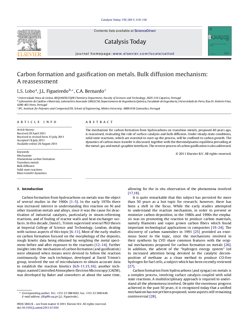 Carbon formation and gasification on metals. Bulk diffusion mechanism: A reassessment