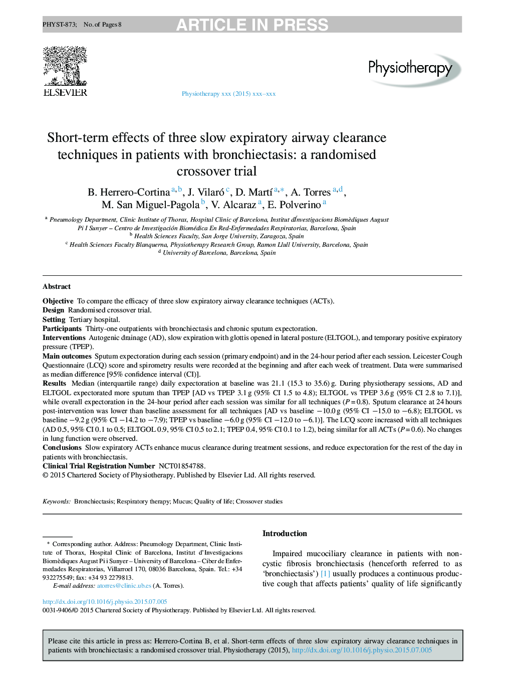 Short-term effects of three slow expiratory airway clearance techniques in patients with bronchiectasis: a randomised crossover trial