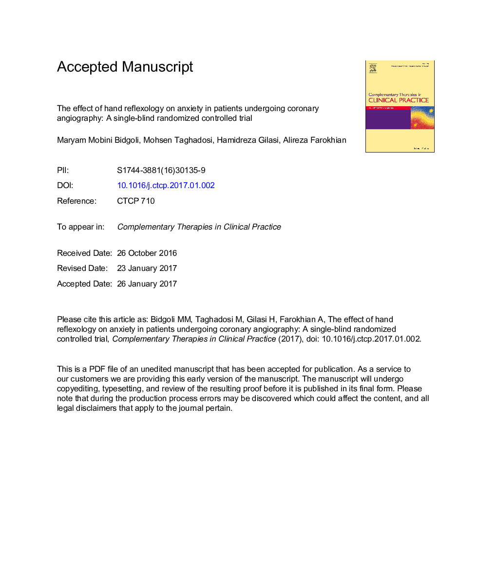 The effect of hand reflexology on anxiety in patients undergoing coronary angiography: A single-blind randomized controlled trial