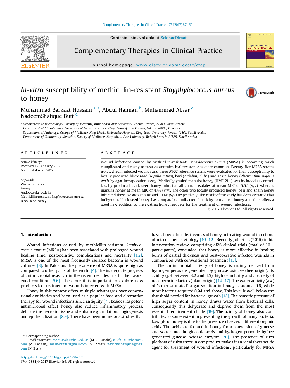 In-vitro susceptibility of methicillin-resistant Stayphylococcus aureus to honey