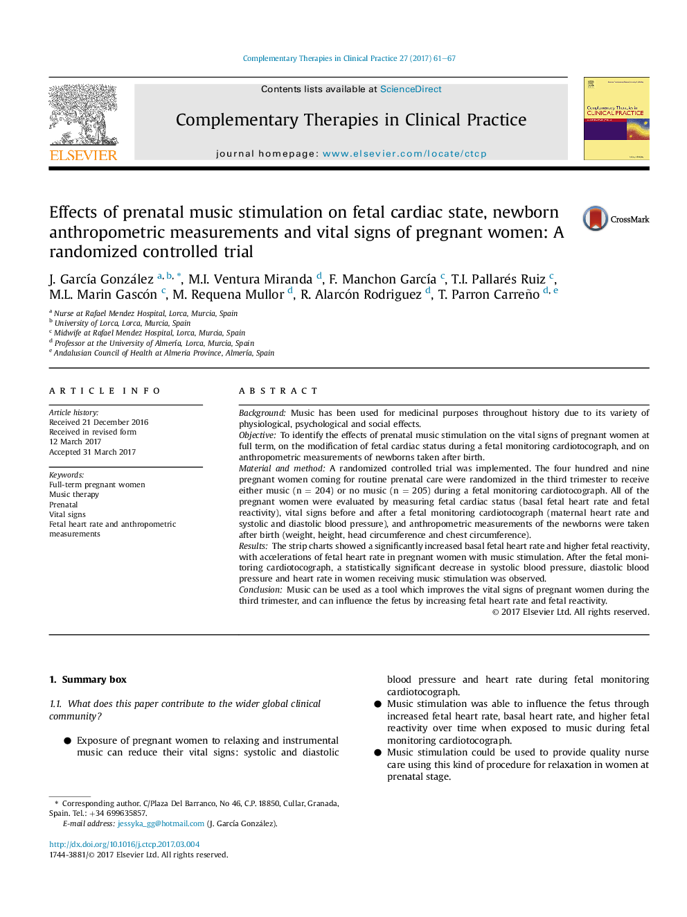 Effects of prenatal music stimulation on fetal cardiac state, newborn anthropometric measurements and vital signs of pregnant women: A randomized controlled trial