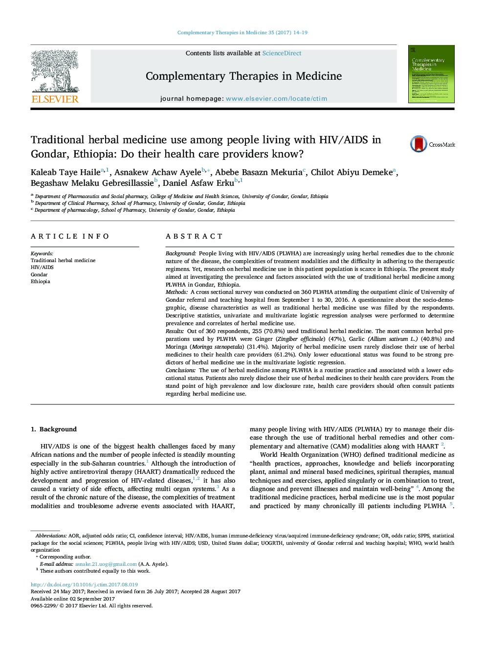 Traditional herbal medicine use among people living with HIV/AIDS in Gondar, Ethiopia: Do their health care providers know?