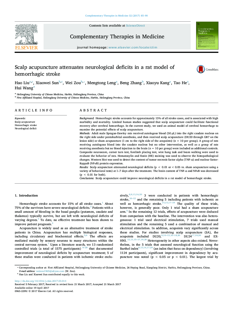 Scalp acupuncture attenuates neurological deficits in a rat model of hemorrhagic stroke