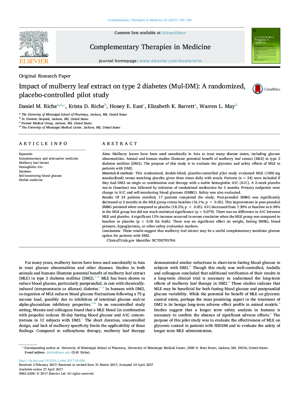 Impact of mulberry leaf extract on type 2 diabetes (Mul-DM): A randomized, placebo-controlled pilot study