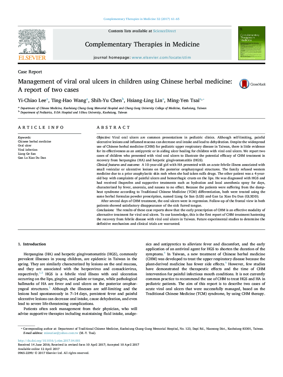 Management of viral oral ulcers in children using Chinese herbal medicine: A report of two cases