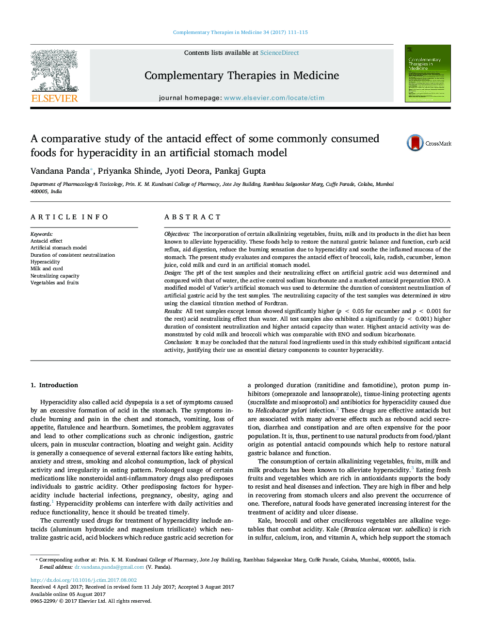 A comparative study of the antacid effect of some commonly consumed foods for hyperacidity in an artificial stomach model