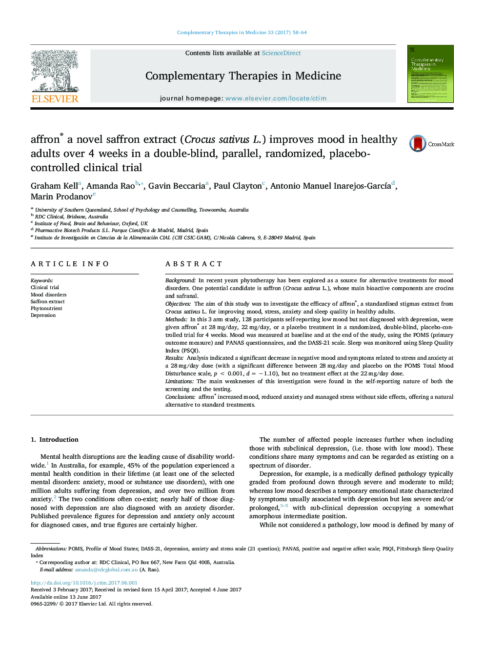 affron® a novel saffron extract (Crocus sativus L.) improves mood in healthy adults over 4 weeks in a double-blind, parallel, randomized, placebo-controlled clinical trial