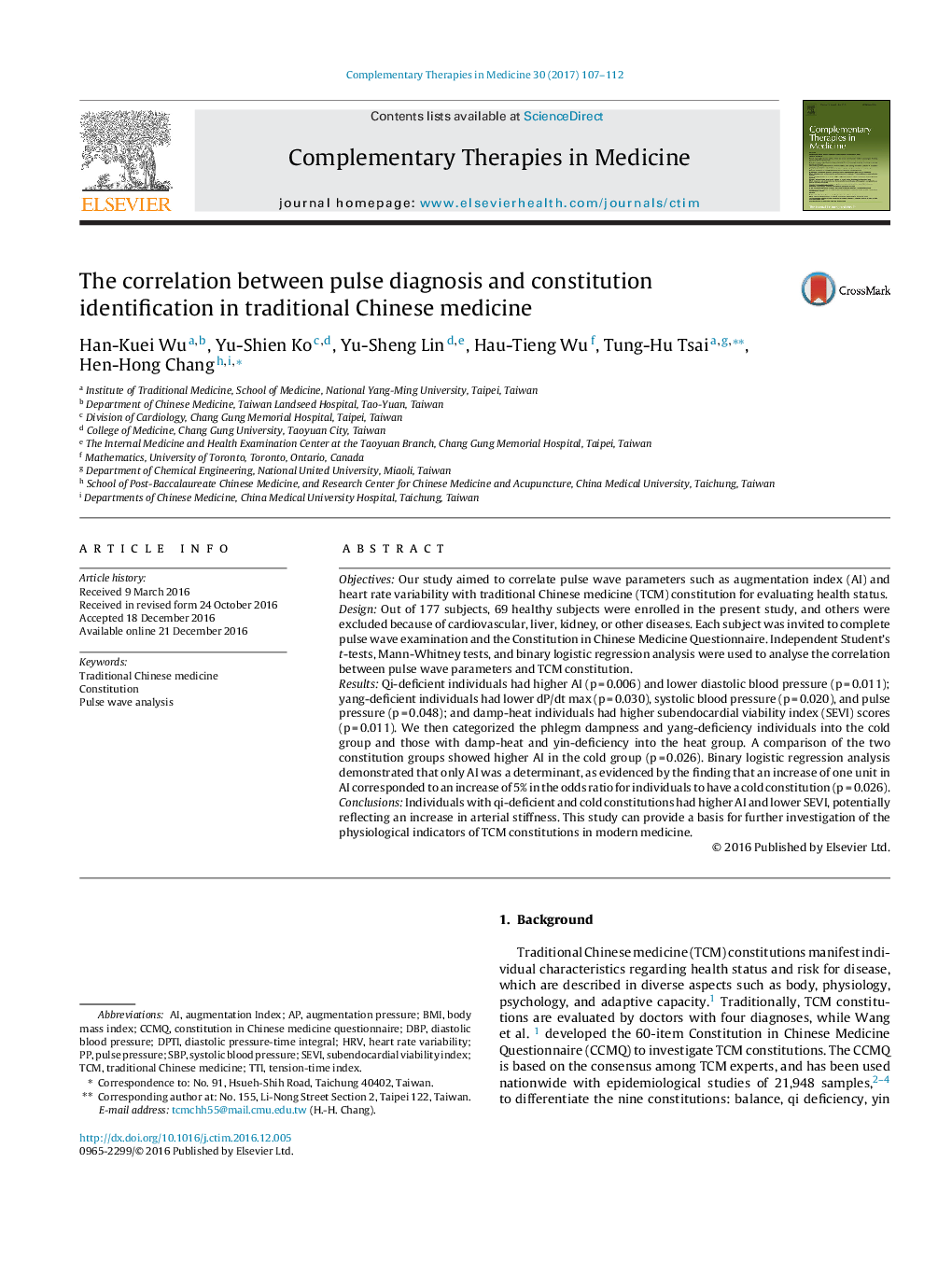 The correlation between pulse diagnosis and constitution identification in traditional Chinese medicine