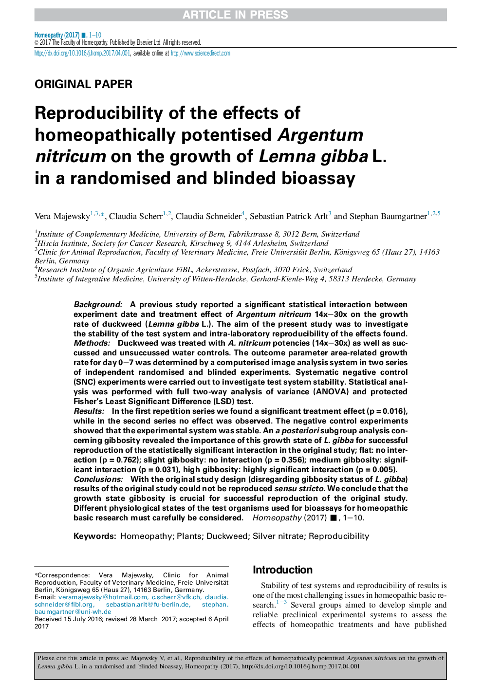 Reproducibility of the effects of homeopathically potentised Argentum nitricum on the growth of Lemna gibba L. in a randomised and blinded bioassay